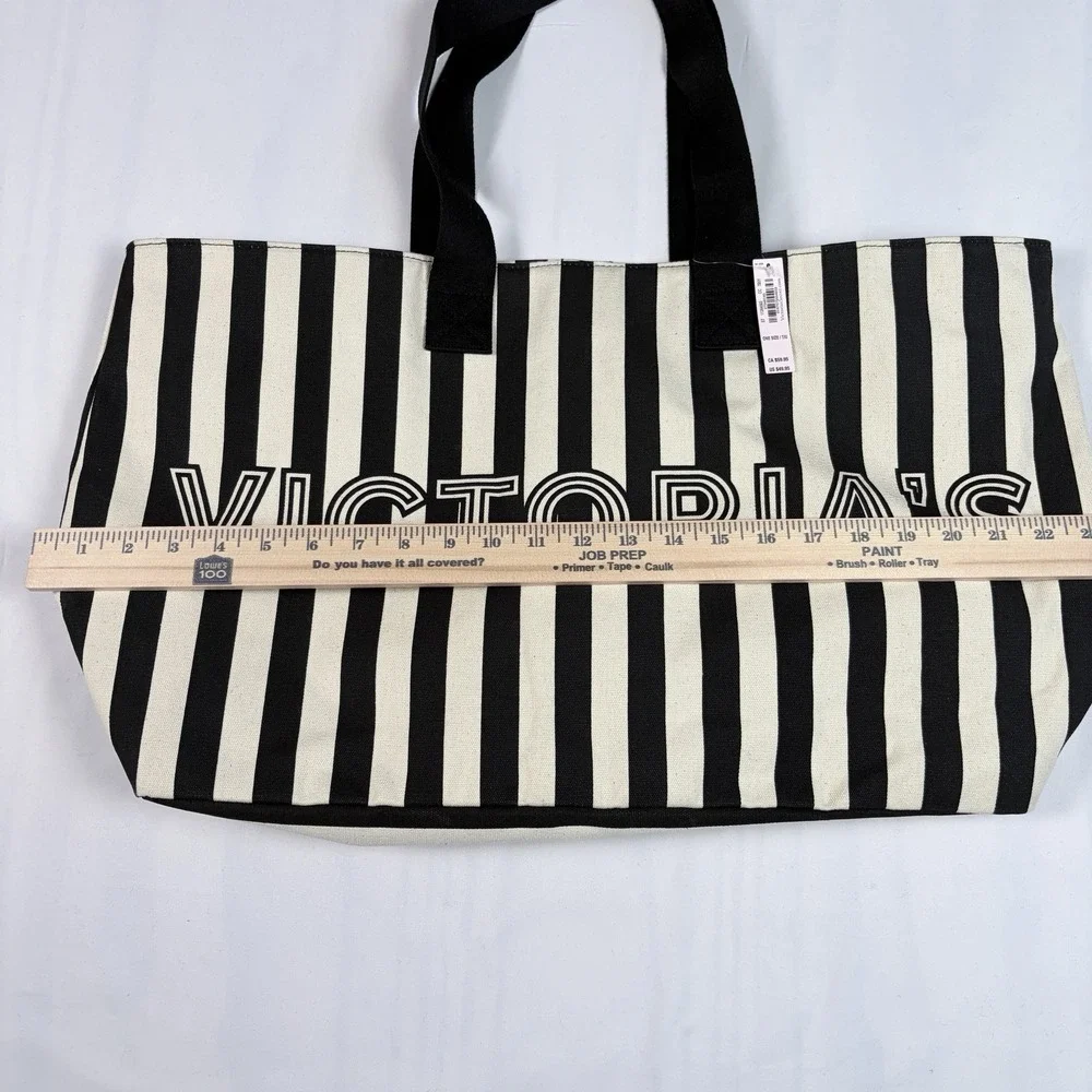 NWT VICTORIA'S SECRET BLACK IVORY STRIPE LOGO ZIPPER TOTE BAG Chic Paris ArtDeco